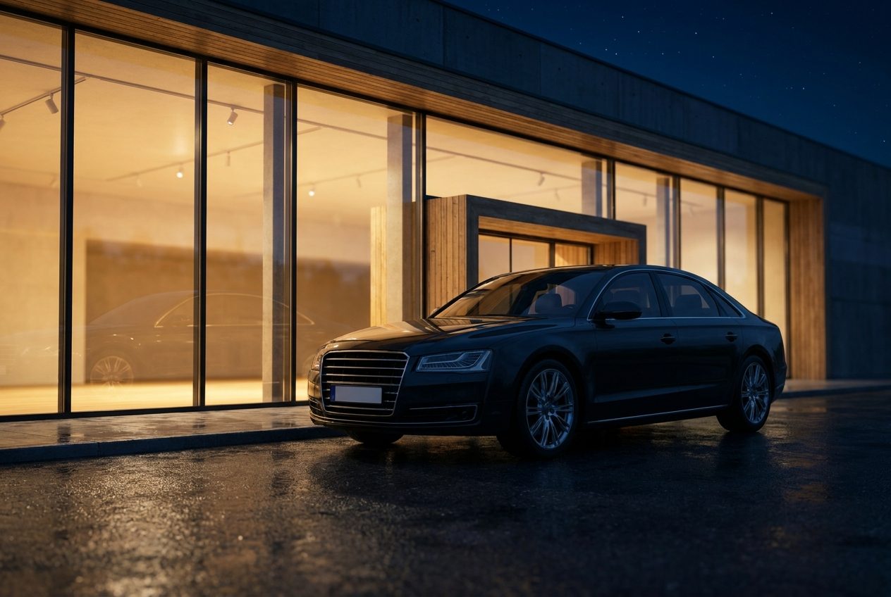 Mörk luxbil parkerad utanför bilhall i kvällsljus